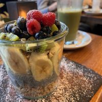 Chia bowl and matcha latte with oat milk 😍  at Café - Lounge - Bar Mocca in Bad Oldesloe