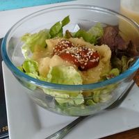 Salad with hummus and dressing at Vitaminica Portena in Valparaiso