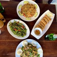 Jackfruit dish, Fried rice with Fake chicken. Morning glory. Fried Spring Rolls   at Tịnh Tâm Vegan in Hue