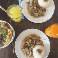 Wonton noodle soup, fried soy chicken with coconut sauce, fried soy chicken with tamarind sauce, pineapple juice, papaya smoothie   at Tịnh Tâm Vegan in Hue