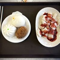 Selection of Dim Sum; Fragrant Vegetable Pau, Red Bean Paste Bao, Peanut with Sesame Ball, and Traditional Steam Rice Noodle Roll.   at Lion City Dim Sum - Lau Pa Sat in Central Singapore