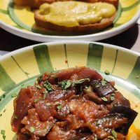 Caponata and bruschette with fava bean puree. at Bacco In Trastevere in Rome