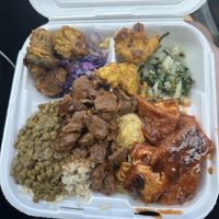 Large plate with all sides and the bbq tofu and veg chunks  at Rastafari - Blazing By The Sea in St Thomas