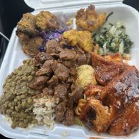 Large plate with all sides and the bbq tofu and veg chunks  at Rastafari - Blazing By The Sea in St Thomas