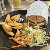 Veg bean burger w/ fries not bad.  at OM Freedom Cafe in Rishikesh