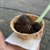 Dark chocolate ice cream in edible vegan cup  at Kuhbar  in Schwelm