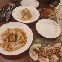 Kluski śląskie, sałatka ziemniaczana, pierogi z kimchi, kapusta zasmażana, grzybki w occie at Mezalians in Kolobrzeg