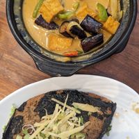 Top: Eggplant curry... Bottom: #42 Fish at Blossom Vegan Restaurant in Pleasanton