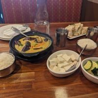 Mushu mushu, eggplant curry and sides of steamed tofu and steamed zucchini at Blossom Vegan Restaurant in Pleasanton