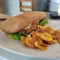 No meat lovers panini. Yum! For an extra 10q, you get these chips and a juice at Artesano in Guatemala City