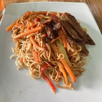 Noodles with veggies and bread   at Artesano in Guatemala City