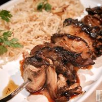 FLAME‑GLAZED SKEWER, SIGNATURE JUS

SKEWER OF KING OYSTER, OYSTER AND SHIITAKE MUSHROOMS, VEG JUS, TANGY YOGURT, LEMONGRASS RICE. at Daimant Saint-Honoré in Paris
