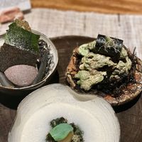 Seaweed soup, flavoured seaweed chips, a seaweed role   at Zhizhu Plant Based Kitchen in Guangzhou