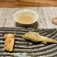 Zucchini blossoms infused with a pumpkin purée   at Zhizhu Plant Based Kitchen in Guangzhou