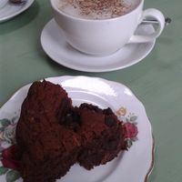 Vegan chocolate courgette cake, and almond milk hot chocolate at The Hub at Healthy Spirit in Manchester
