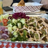 Kapsalon with fries as base, vegan special sauce and falafel with no cheese    at Taza in Tamiskaming Shores