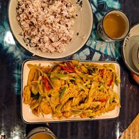 Fried eggs with vegetables and steamed rice (there's also tofu or fried potatoes instead of egg!) at Home Cooking Place - 闲来私房菜 in Yangshuo