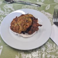 onion bhaji with vegan yoghurt at Greener Kirkcaldy - Community Meal  in Kirkcaldy