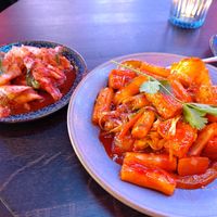 Veganized tteokbokki and side of kimchi (which might not have been vegan, it was unclear) at Gyojasang in Brussels