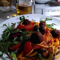 Spaghetti with vegan 'meatballs' at Restaurant Pinocchio in Bueckeburg