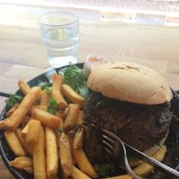 Hot and spicy burger with fries and salad.  at Just Vege in Helsinki