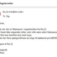 Email from the store owner (in Danish) saying that none of their dishes are vegan. at Kin_d Thai in Fredericia