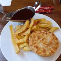 Vegan pie and chips at Tuckers Takeaway in Cheddar
