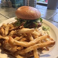 Chicken sandwich with side of fries   at French Meadow Bakery & Cafe in Minneapolis