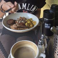 Vegan breakfast and almond milk latte at French Meadow Bakery & Cafe in Minneapolis
