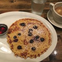 Cornmeal pancake and oatmeal cappuccino  at French Meadow Bakery & Cafe in Minneapolis