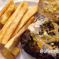 Mediterranean vegan burger with yucca fries at FuegoMundo in Sandy Springs