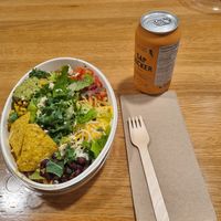 Chipotle bowl w. Chicken and peach flav. soda (that is more like a "bubble water" with flavor. Can't remember what it's called in eng 😅) both were really good! at Sorry I've Got Plants in Toronto