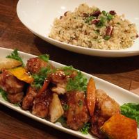 Fried soymeat teriyaki and fried garlic rice at Organic Plus in Sapporo