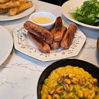 Vegan chipolatas and creamed corn at Upstairs at Anley Street  in Jersey