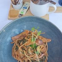 Spaghetti with mushrooms and vegetables that wasn't originally vegan. at Caprice Ristorante Pizzeria in Bardolino