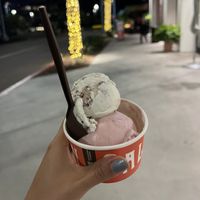 strawberry and coconut water sherbet and freckled mint chocolate chip   at Salt & Straw in San Diego