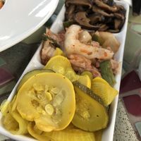 Pickled veg plate with squash, kimchi, shiitake mushrooms  at Robin's Restaurant in Cambria