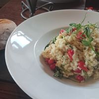 Spicy Roquito Pearl and Sun Blushed Tomato Risotto served with Garlic Ciabatta at The Belgian Monk in Norwich
