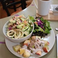 "Pad Thai" with side salad and fruit salad at Healthy Sins Vegan Cafe in Lockport