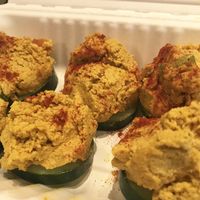 Deviled Eggs in compostable to go container at Healthy Sins Vegan Cafe in Lockport