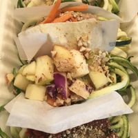 Pasta sampler in compostable to go container at Healthy Sins Vegan Cafe in Lockport