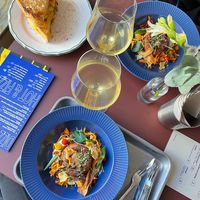 Vegan grilled cheese with kimchi and jalapenos. Falafel donut with celery puree.  at Bite Me in Riga