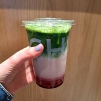 Strawberry matcha latte at Chun Café Berenstraat in Amsterdam