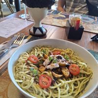 Pesto pasta with mushrooms at Pure Earth Botanicals in Cape Town