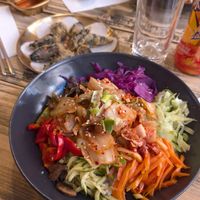 vegan kimchi bibimbap & kimmari at Omoni House in York