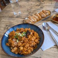 vegan kimchi fried rice and kimchi dumplings at Omoni House in York