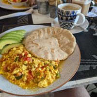 Platito de pueblo - scrambled tofu with homemade tortilla. at Como En Mi Casa in Puerto Viejo De Talamanca
