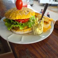 Chickpea and curry burger at Como En Mi Casa in Puerto Viejo De Talamanca