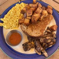 Breakfast plate with tofu scramble, ask for lion’s mane steak in place of sausage   at Borage  in Speedway
