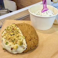 Pistachio cookie with white chocolate and lemon basil sorbet  at Bald's in Mallorca
